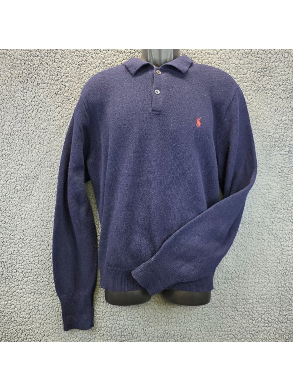 Vintage Polo Ralph Lauren XL Lambs Wool Knit Polo Sweater Blue Preppy Old Money